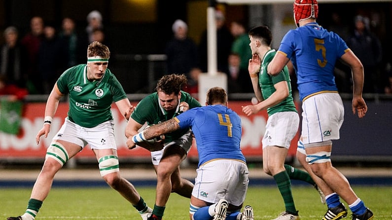 9 February 2018; Ronan Kelleher of Ireland is tackled by Niccolo Cannone of Italy during the U20 Six Nations Rugby Championship match between Ireland and Italy at Donnybrook Stadium, in Dublin. Photo by Piaras O Midheach/Sportsfile