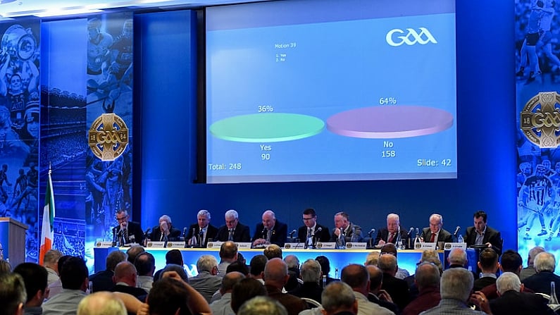 223 February 2019; A general view of the result of Motion 39, relating to counties nominating Croke Park as their home venue in the football intercounty quarter final group stage, which was defeated, during the GAA Annual Congress 2019 at the Clayton Whites Hotel in Ferrybank South, Wexford. Photo by Piaras O Midheach/Sportsfile