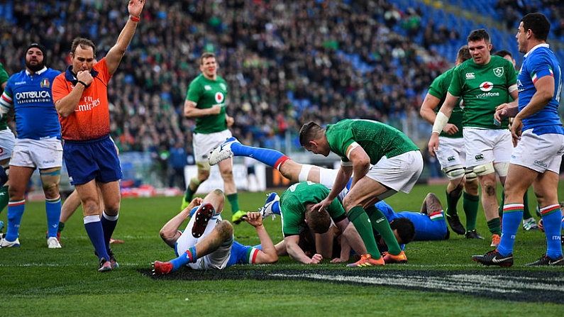 24 February 2019; Jonathan Sexton, right, of Ireland congratulates Keith Earls after he scored his side's third try during the Guinness Six Nations Rugby Championship match between Italy and Ireland at the Stadio Olimpico in Rome, Italy. Photo by Ramsey Cardy/Sportsfile