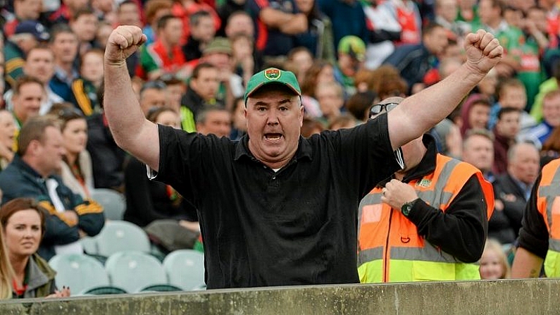 30 August 2014; A Mayo supporter during the final moments of extra time. GAA Football All Ireland Senior Championship, Semi-Final Replay, Kerry v Mayo. Gaelic Grounds, Limerick. Picture credit: Diarmuid Greene / SPORTSFILE