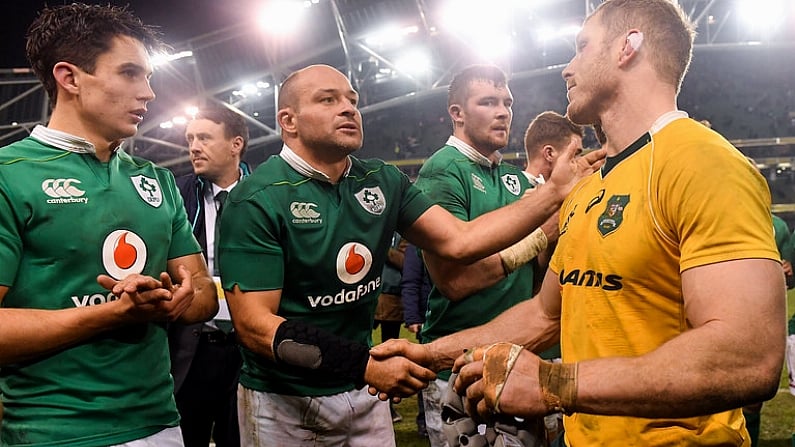 26 November 2016; Ireland captain Rory Best (C) with David Pocock of Australia after the Autumn International match between Ireland and Australia at the Aviva Stadium in Dublin. Photo by Brendan Moran/Sportsfile