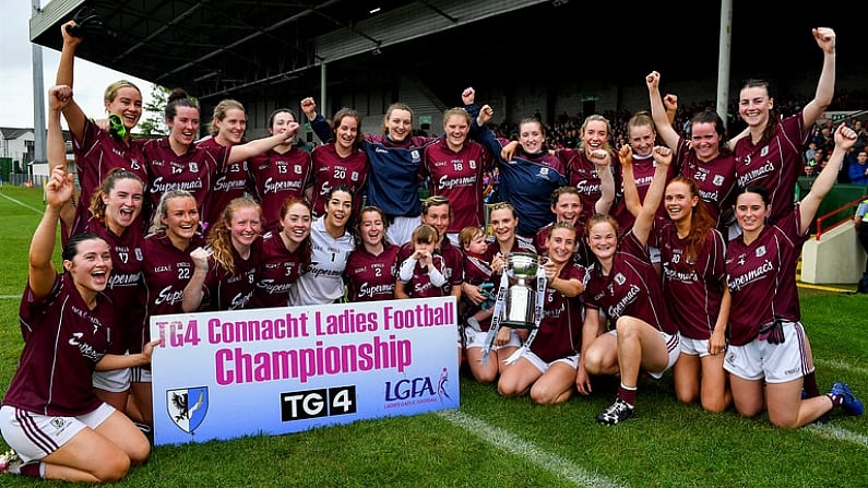 6 July 2019; The Galway team celebrate with the cup after the 2019 TG4 Connacht Ladies Senior Football Final replay between Galway and Mayo at the LIT Gaelic Grounds in Limerick. Photo by Brendan Moran/Sportsfile