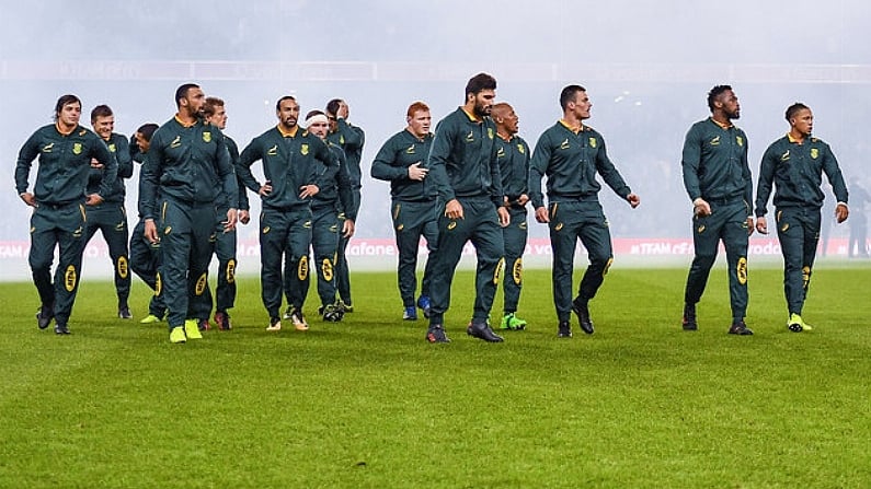 11 November 2017; The South Africa make their way to line up for the anthems prior to the Guinness Series International match between Ireland and South Africa at the Aviva Stadium in Dublin. Photo by Brendan Moran/Sportsfile