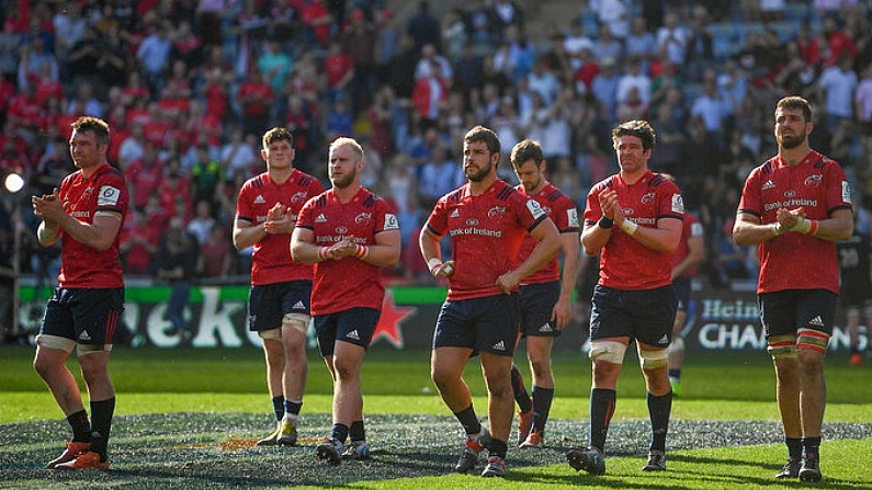 20 April 2019; Munster players applaud their supporters following the Heineken Champions Cup Semi-Final match between Saracens and Munster at the Ricoh Arena in Coventry, England. Photo by Brendan Moran/Sportsfile