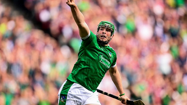 19 August 2018; Shane Dowling of Limerick celebrates after scoring his side's third goal during the GAA Hurling All-Ireland Senior Championship Final match between Galway and Limerick at Croke Park in Dublin. Photo by Stephen McCarthy/Sportsfile