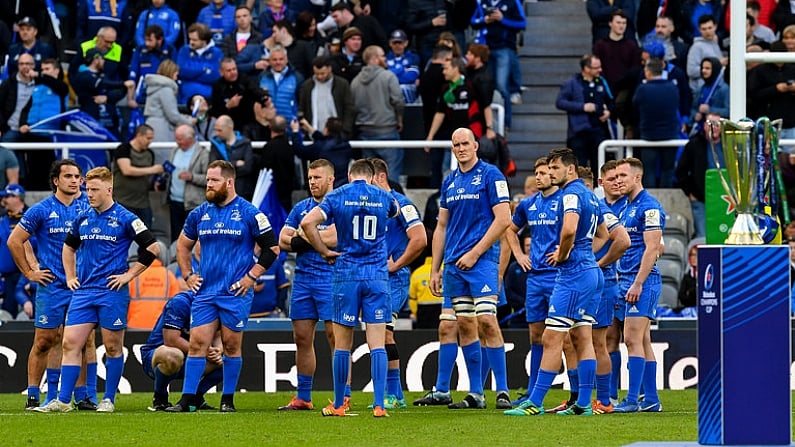 11 May 2019; Dejected Leinster players look on as the trophy awaits to be presented to Saracens following the Heineken Champions Cup Final match between Leinster and Saracens at St James' Park in Newcastle Upon Tyne, England. Photo by Brendan Moran/Sportsfile