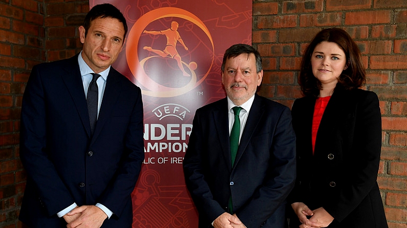 19 May 2019; The Board of the Football Association of Ireland has welcomed UEFA's agreement to a request for support with the secondment of Noel Mooney to the FAI as General Manager for Football Services and Partnerships. UEFA's Head of National Association Business Development, Noel Mooney will commence the secondment on June 3rd as the FAI builds for the future and continues to work in partnership with key stakeholders to achieve good governance. Noel Mooney will spend six months with the FAI in the role before returning to UEFA, as agreed, on November 30th.  He will initially assess the FAI's requirements and will co-ordinate future support and expertise in finance and other areas from UEFA and FIFA. The appointment of Noel Mooney will allow Rea Walshe to take up the role of Chief Operating Officer where she will continue to lead the process of Governance and Reform. Pictured are, from left, Noel Mooney of UEFA, FAI President Donal Conway and FAI Interim Chief Executive Rea Walshe ahead of the UEFA