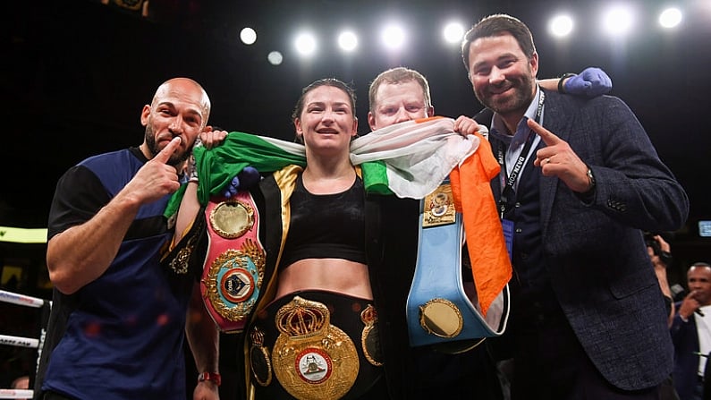 15 March 2019; Katie Taylor celebrates, from left, with coach Ross Enamait, manager Brian Peters and promoter Eddie Hearn after defeating Rose Volante in their WBA, IBF & WBO Female Lightweight World Championships unification bout at the Liacouras Center in Philadelphia, USA. Photo by Stephen McCarthy / Sportsfile