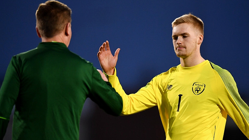 24 March 2019; Republic of Ireland manager Stephen Kenny with Caoimhin Kelleher following the UEFA European U21 Championship Qualifier Group 1 match between Republic of Ireland and Luxembourg in Tallaght Stadium in Dublin. Photo by Eoin Noonan/Sportsfile