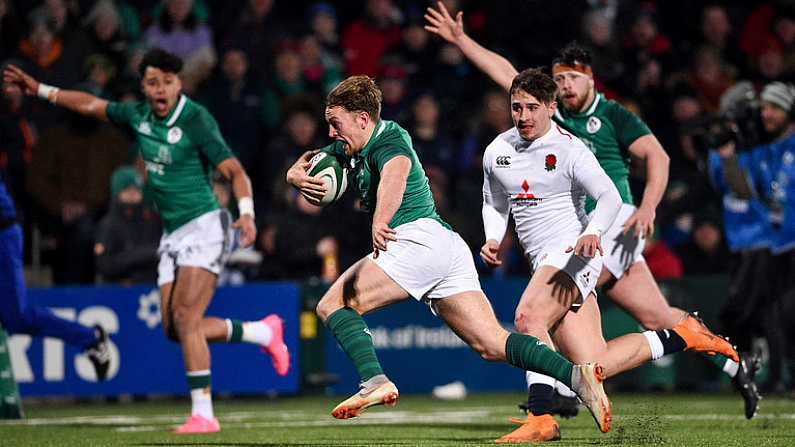 1 February 2019; Liam Turner of Ireland in action against Cadan Murley of England during the U20 Six Nations Rugby Championship match between Ireland and England at Irish Independent Park in Cork. Photo by Matt Browne/Sportsfile