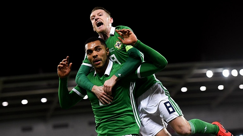 24 March 2019; Josh Magennis of Northern Ireland celebrates with team-mate Steven Davis after scoring his side's second goal during the UEFA EURO2020 Qualifier Group C match between Northern Ireland and Belarus at the National Football Stadium in Windsor Park, Belfast. Photo by Ramsey Cardy/Sportsfile