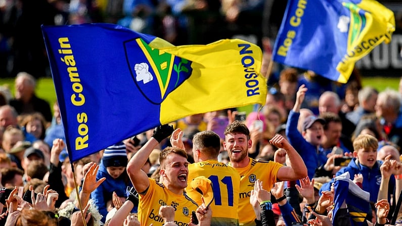 16 June 2019; Enda Smith of Roscommon celebrates with supporters following his side's victory during the Connacht GAA Football Senior Championship Final match between Galway and Roscommon at Pearse Stadium in Galway. Photo by Seb Daly/Sportsfile