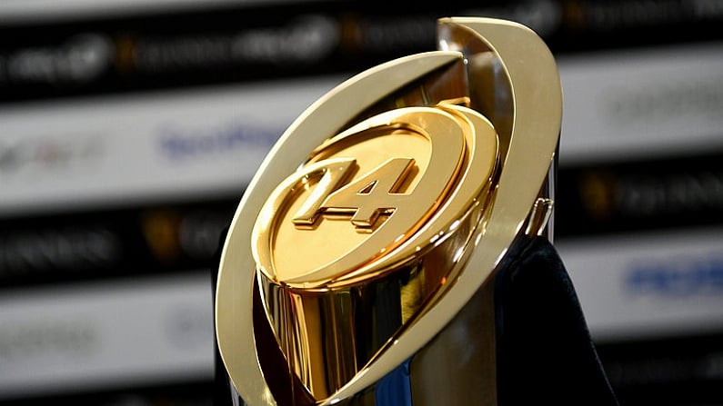 25 May 2018; A general view of the PRO14 trophy ahead of the Guinness PRO14 Final between Leinster and Scarlets at the Aviva Stadium in Dublin. Photo by Ramsey Cardy/Sportsfile