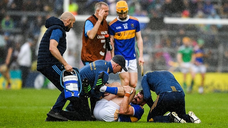 16 June 2019; Tippery medical staff rush to attend to Patrick Maher of Tipperary during the Munster GAA Hurling Senior Championship Round 5 match between Tipperary and Limerick in Semple Stadium in Thurles, Tipperary. Photo by Ray McManus/Sportsfile