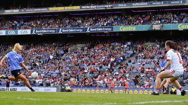 16 September 2018; Carla Rowe of Dublin scores her side's second goal during the TG4 All-Ireland Ladies Football Senior Championship Final match between Cork and Dublin at Croke Park, Dublin. Photo by Brendan Moran/Sportsfile