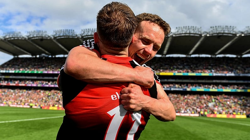 26 August 2017; Andy Moran and Aidan O'Shea of Mayo celebrate after the GAA Football All-Ireland Senior Championship Semi-Final Replay match between Kerry and Mayo at Croke Park in Dublin. Photo by Brendan Moran/Sportsfile