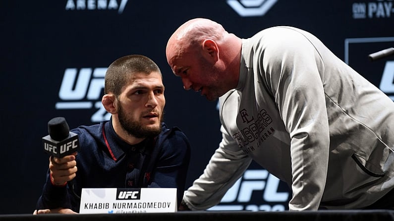 4 October 2018; President of the Ultimate Fighting Championship Dana White, right, with Khabib Nurmagomedov during a press conference for UFC 229 at the Park Theater in Las Vegas, Nevada, United States. Photo by Stephen McCarthy/Sportsfile