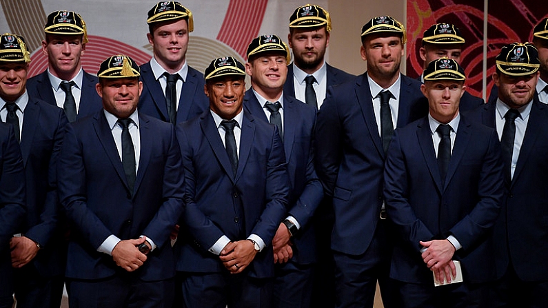 13 September 2019; Ireland players, including Josh van der Flier, Chris Farrell, captain Rory Best, James Ryan, Bundee Aki, CJ Stander, Iain Henderson, Tadhg Beirne Keith Earls and Cian Healy after receiving their World Cup caps during their World Cup 2019 Welcome Ceremony at Mihama Bunka Hall Hall in Chiba Prefecture, Japan. Photo by Brendan Moran/Sportsfile