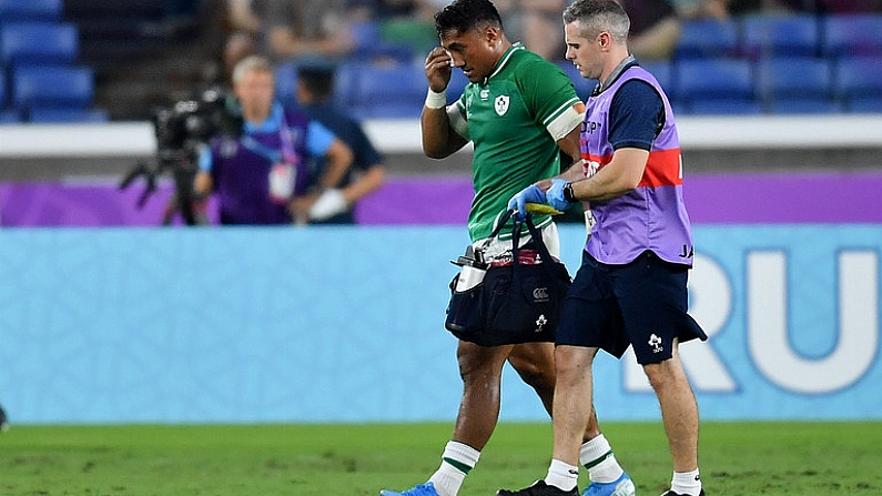 22 September 2019; Bundee Aki of Ireland leaves the pitch for a head injury assessment during the 2019 Rugby World Cup Pool A match between Ireland and Scotland at the International Stadium in Yokohama, Japan. Photo by Brendan Moran/Sportsfile