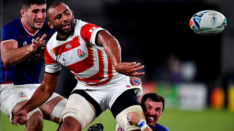 20 September 2019; Michael Leitch of Japan is tackled by Tagir Gadzhiev and Vasily Artemyev of Russia the 2019 Rugby World Cup Pool A match between Japan and Russia at the Tokyo Stadium in Chofu, Japan. Photo by Brendan Moran/Sportsfile