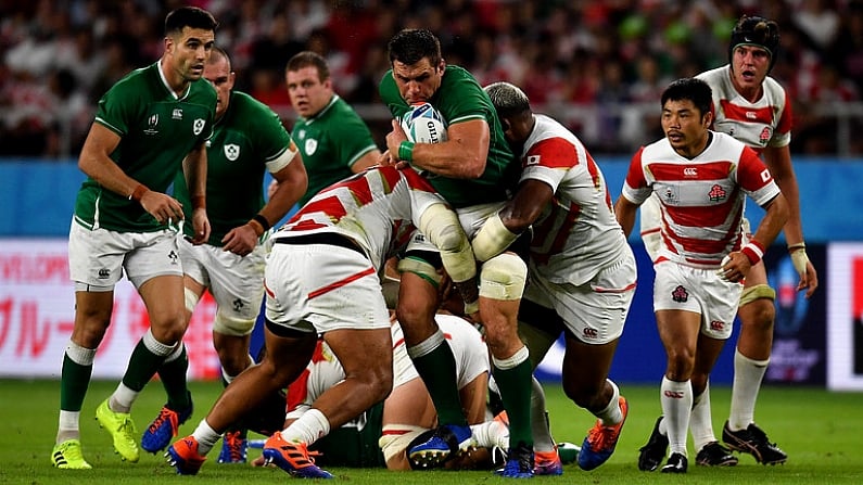 28 September 2019; CJ Stander of Ireland is tackled by Asaeli Ai Valu and Isileli Nakajima of Japan during the 2019 Rugby World Cup Pool A match between Japan and Ireland at the Shizuoka Stadium Ecopa in Fukuroi, Shizuoka Prefecture, Japan. Photo by Brendan Moran/Sportsfile