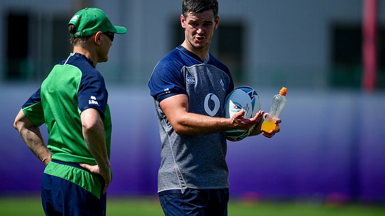 1 October 2019; Head coach Joe Schmidt, left, and Jonathan Sexton in conversation during Ireland Rugby squad training at the Kobelco Steelers in Kobe, Japan. Photo by Brendan Moran/Sportsfile