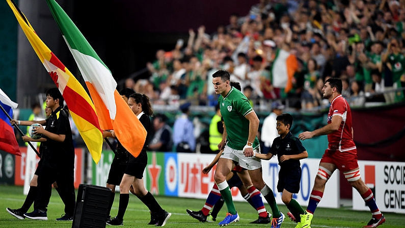 3 October 2019; Ireland captain Jonathan Sexton leads his side out prior to the 2019 Rugby World Cup Pool A match between Ireland and Russia at the Kobe Misaki Stadium in Kobe, Japan. Photo by Brendan Moran/Sportsfile