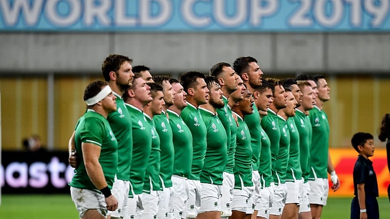 3 October 2019; The Ireland team sing Ireland's Call prior to the 2019 Rugby World Cup Pool A match between Ireland and Russia at the Kobe Misaki Stadium in Kobe, Japan. Photo by Brendan Moran/Sportsfile