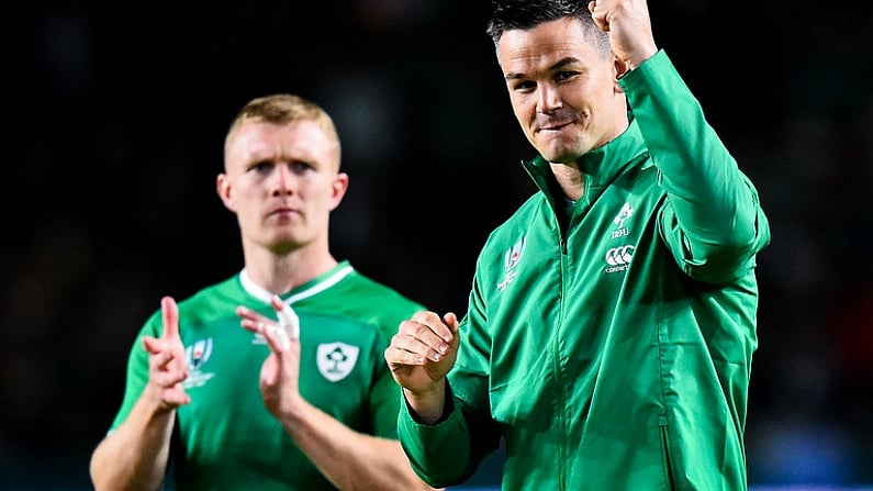 12 October 2019; Keith Earls, left, and Jonathan Sexton of Ireland following the 2019 Rugby World Cup Pool A match between Ireland and Samoa at the Fukuoka Hakatanomori Stadium in Fukuoka, Japan. Photo by Brendan Moran/Sportsfile