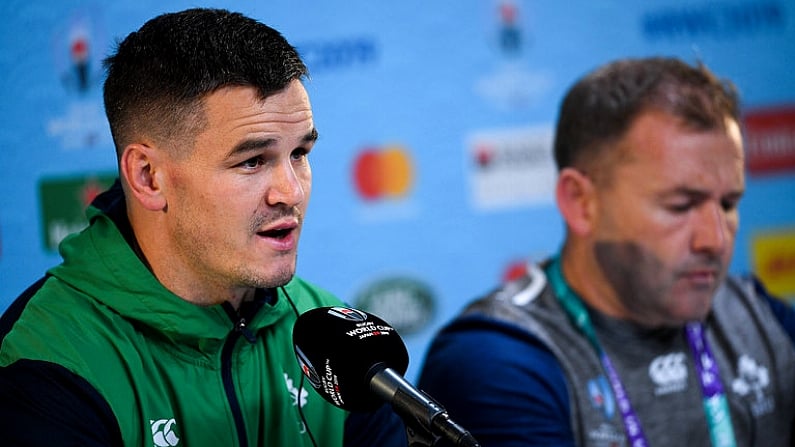 18 October 2019; Jonathan Sexton, left, and kicking coach Richie Murphy during an Ireland rugby press conference at the Tokyo Stadium in Chofu, Japan. Photo by Ramsey Cardy/Sportsfile