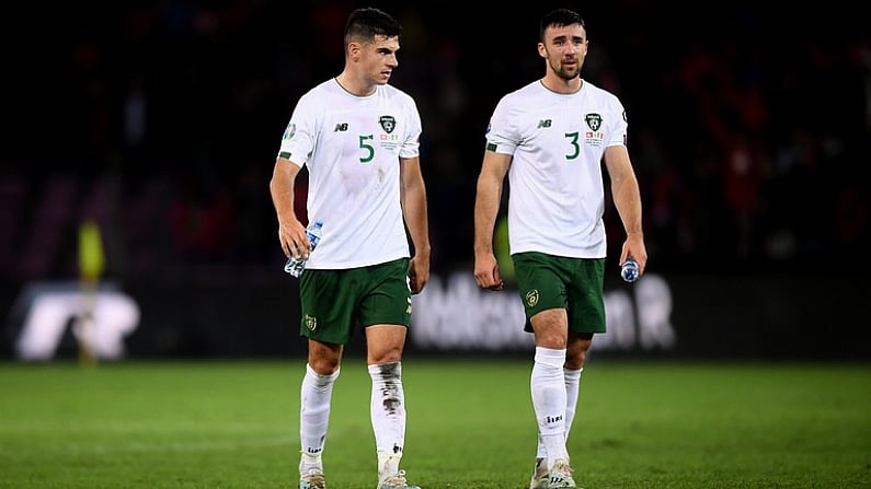 15 October 2019; John Egan, left, and Enda Stevens of Republic of Ireland following the UEFA EURO2020 Qualifier match between Switzerland and Republic of Ireland at Stade de Geneve in Geneva, Switzerland. Photo by Stephen McCarthy/Sportsfile