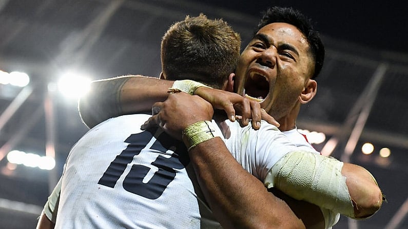 2 February 2019; Henry Slade of England celebrates after scoring his side's third try with teammate Manu Tuilagi during the Guinness Six Nations Rugby Championship match between Ireland and England in the Aviva Stadium in Dublin. Photo by Brendan Moran/Sportsfile