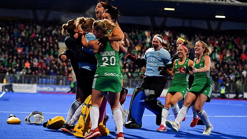 3 November 2019; Ireland players celebrate winning the penalty strokes and qualifying for the Tokyo2020 Olympic Games during after the FIH Women's Olympic Qualifier match between Ireland and Canada at Energia Park in Dublin. Photo by Brendan Moran/Sportsfile