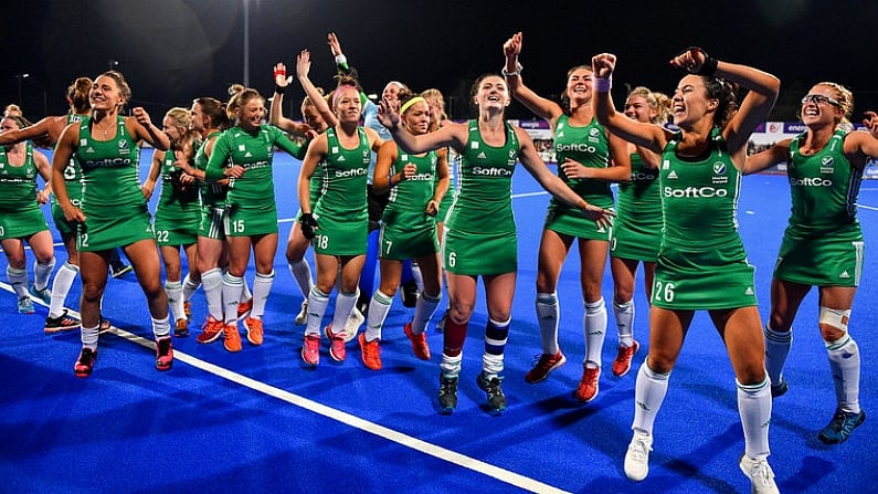 3 November 2019; Ireland players celebrate after qualifying for the Tokyo2020 Olympic Games after the FIH Women's Olympic Qualifier match between Ireland and Canada at Energia Park in Dublin. Photo by Brendan Moran/Sportsfile