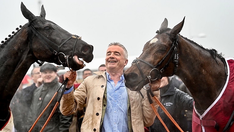 16 March 2022; Owner Michael O'Leary with the winner of Glenfarclas Cross Country Chase, Delta Work, left, and second place Tiger Roll, right, on day two of the Cheltenham Racing Festival at Prestbury Park in Cheltenham, England. Photo by David Fitzgerald/Sportsfile