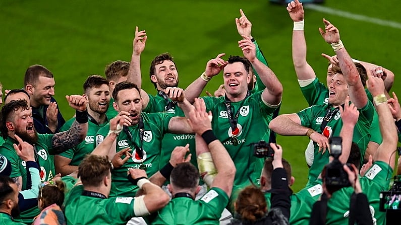 18 March 2023; Ireland players celebrate after the Guinness Six Nations Rugby Championship match between Ireland and England at Aviva Stadium in Dublin. Photo by Ramsey Cardy/Sportsfile