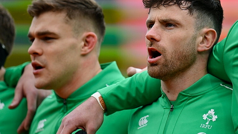 11 February 2023; Hugo Keenan, right, and Garry Ringrose of Ireland before the Guinness Six Nations Rugby Championship match between Ireland and France at the Aviva Stadium in Dublin. Photo by Seb Daly/Sportsfile