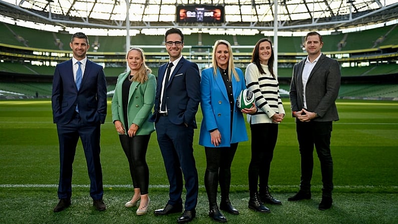 19 January 2023; RTE and Virgin Media Television launched details of its joint 2023 Guinness Six Nations coverage in the Aviva Stadium, bringing all of the action free-to-air for Irish sports fans. In attendance at the launch are, from left, Virgin Media analysts Rob Kearney and Fiona Hayes, with presenter Joe Molloy and RTE presenter Jacqui Hurley with analysts Hannah Tyrrell and Jamie Heaslip. Photo by Brendan Moran/Sportsfile