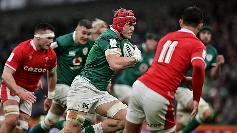 5 February 2022; Josh van der Flier of Ireland makes a break during the Guinness Six Nations Rugby Championship match between Ireland and Wales at Aviva Stadium in Dublin. Photo by Brendan Moran/Sportsfile