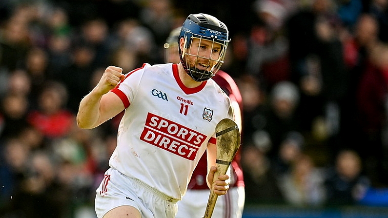 12 February 2023; Conor Lehane of Cork celebrates after scoring his side's third goal during the Allianz Hurling League Division 1 Group A match between Galway and Cork at Pearse Stadium in Galway. Photo by Seb Daly/Sportsfile