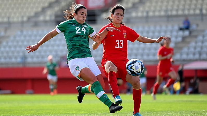 22 February 2023; Marissa Sheva of Republic of Ireland in action against Chen Qiaozhu of China PR during the international friendly match between China PR and Republic of Ireland at Estadio Nuevo Mirador in Algeciras, Spain. Photo by Stephen McCarthy/Sportsfile