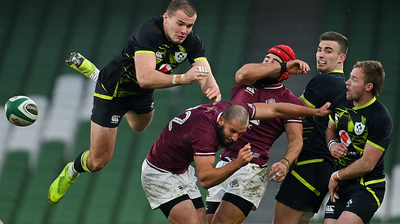 29 November 2020; Jacob Stockdale of Ireland fails to catch a high ball during the Autumn Nations Cup match between Ireland and Georgia at the Aviva Stadium in Dublin. Photo by Ramsey Cardy/Sportsfile