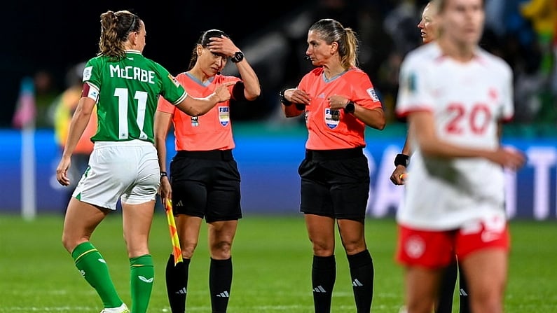 26 July 2023; Republic of Ireland captain Katie McCabe speaks to referee Laura Fortunato after the final whistle of the FIFA Women's World Cup 2023 Group B match between Republic of Ireland and Canada at Perth Rectangular Stadium in Perth, Australia. Photo by Stephen McCarthy/Sportsfile