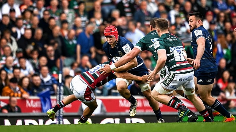 7 May 2022; Josh van der Flier of Leinster is tackled by Matias Moroni of Leicester Tigers during the Heineken Champions Cup Quarter-Final match between Leicester Tigers and Leinster at Mattoli Woods Welford Road Stadium in Leicester, England. Photo by Harry Murphy/Sportsfile