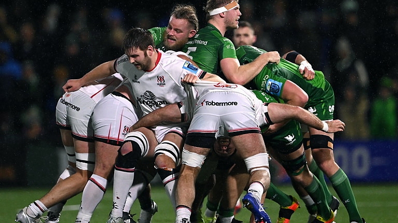 23 December 2022; Players in a maul during the United Rugby Championship match between Connacht and Ulster at The Sportsground in Galway. Photo by Piaras O Midheach/Sportsfile