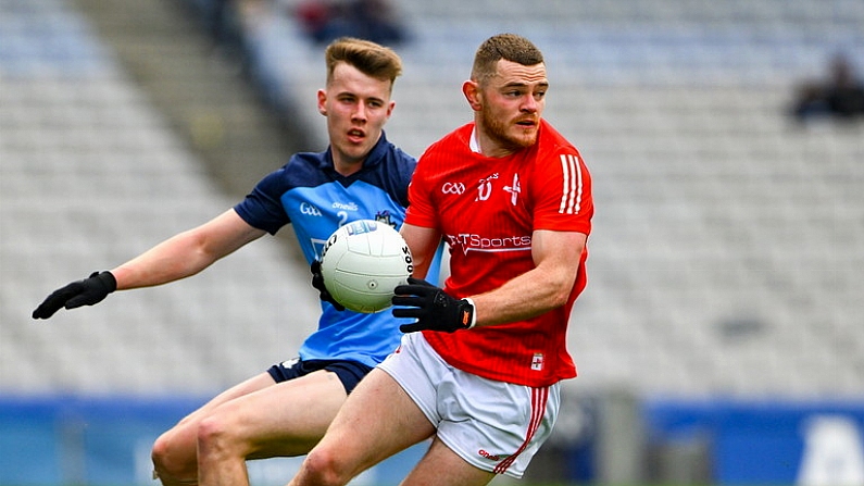 26 March 2023; Niall Sharkey of Louth in action against Daire Newcombe of Dublin during the Allianz Football League Division 2 match between Dublin and Louth at Croke Park in Dublin. Photo by Ray McManus/Sportsfile