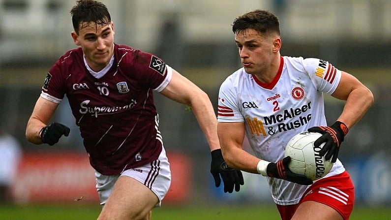 19 February 2023; Michael McKernan of Tyrone in action against Matthew Tierney of Galway during the Allianz Football League Division One match between Galway and Tyrone at St Jarlath's Park in Tuam, Galway. Photo by Brendan Moran/Sportsfile