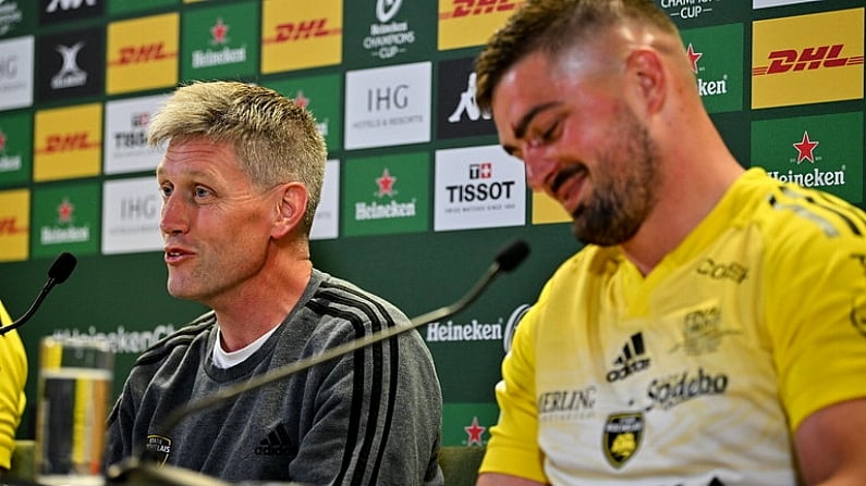 20 May 2023; La Rochelle head coach Ronan O'Gara, left, and captain Gregory Alldritt during the post match media conference after the Heineken Champions Cup Final match between Leinster and La Rochelle at Aviva Stadium in Dublin. Photo by Brendan Moran/Sportsfile