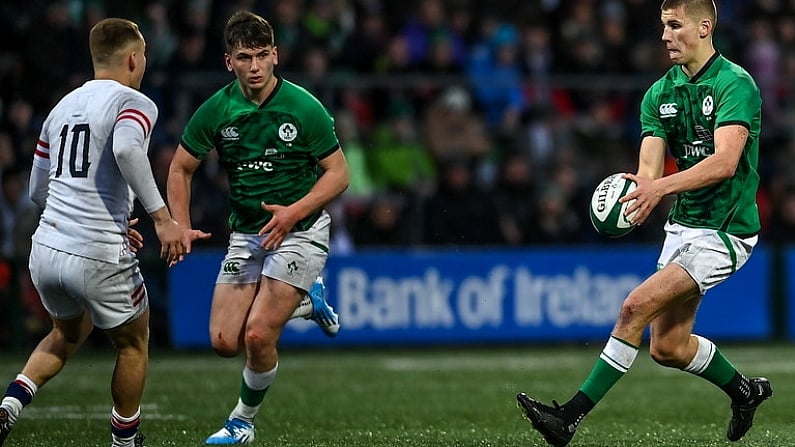 19 March 2023; Sam Prendergast of Ireland during the U20 Six Nations Rugby Championship match between Ireland and England at Musgrave Park in Cork. Photo by David Fitzgerald/Sportsfile