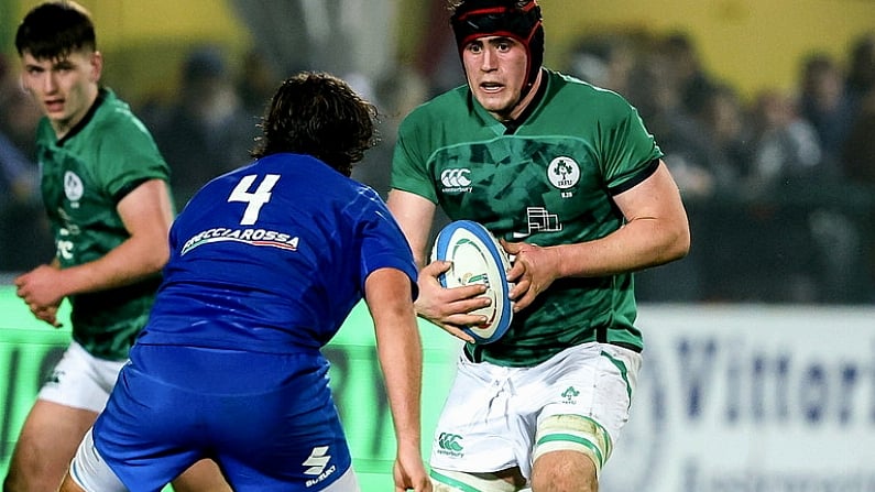 24 February 2023; Brian Gleeson of Ireland in action against Alex Mattioli of Italy during the U20 Six Nations Rugby Championship match between Italy and Ireland at Stadio Comunale di Monigo in Parma, Italy. Photo by Roberto Bregani/Sportsfile